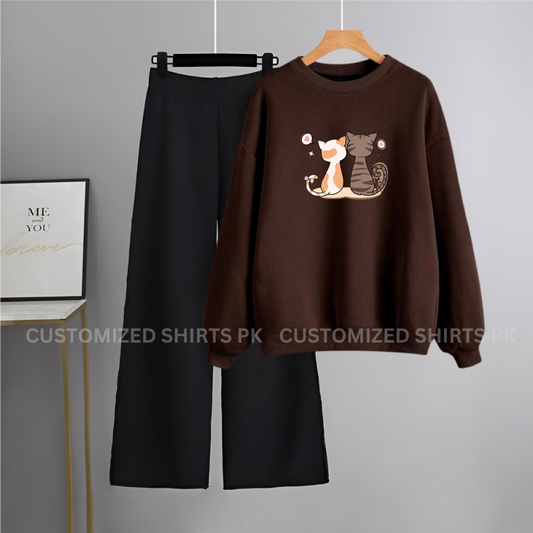 Couple Cats Brown Sweatshirt & Black Flapper